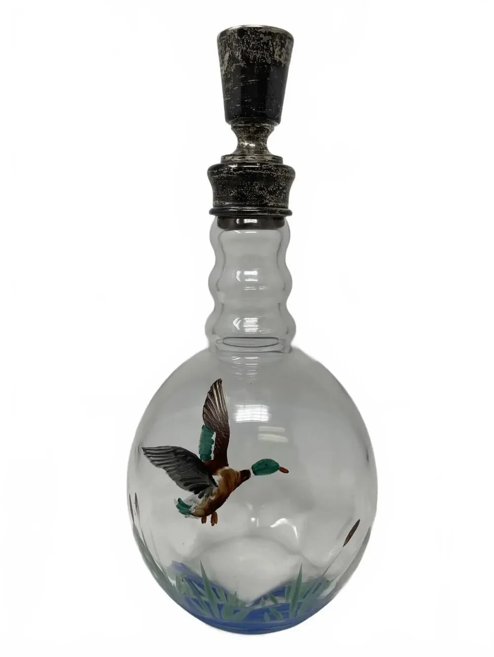 Vintage Hand Painted Mallard Duck Glass Decanter with Decorative Stopper
